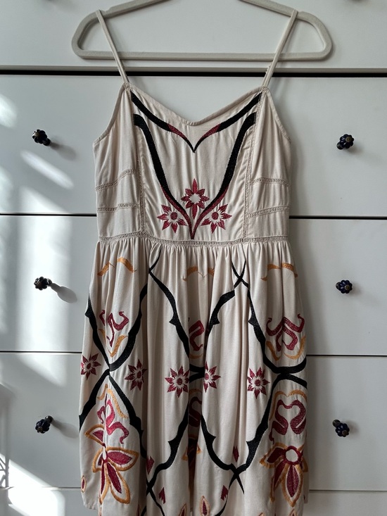 Free People Dresses & Skirts - Free People Cream Mini Dress with Burgundy, Black & Gold Embroidery